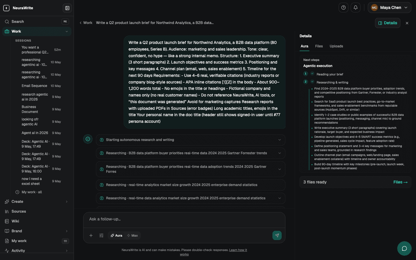 Aura running a workflow: researching sources and drafting inside the NeuraWrite workspace