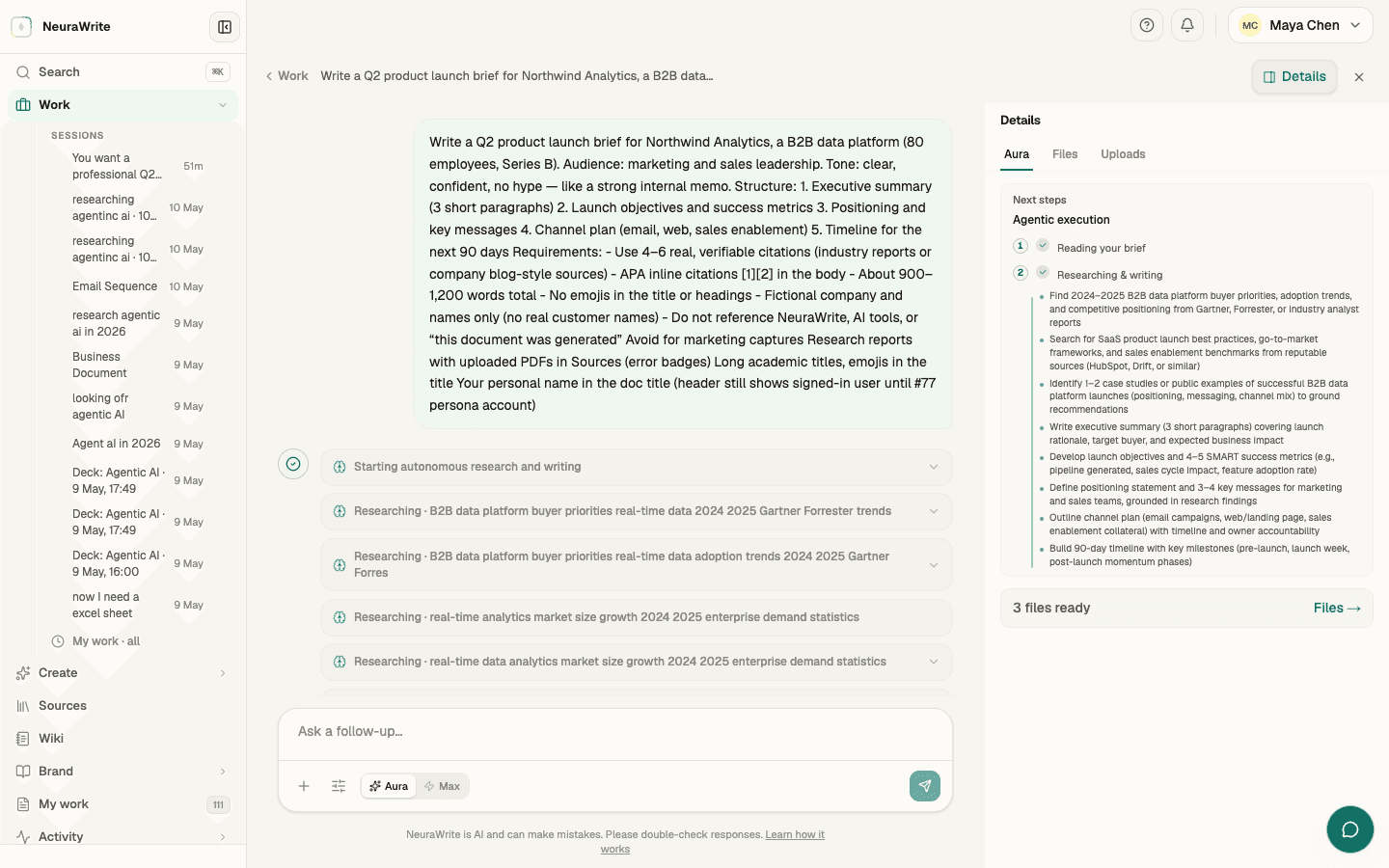 Aura running a workflow: researching sources and drafting inside the NeuraWrite workspace