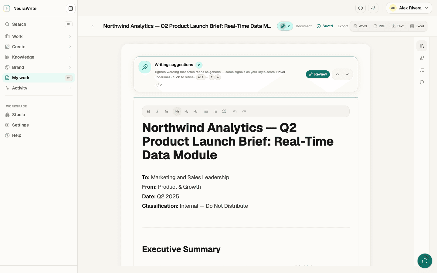A finished, cited paper open in the Aura Writer editor with the quality rail